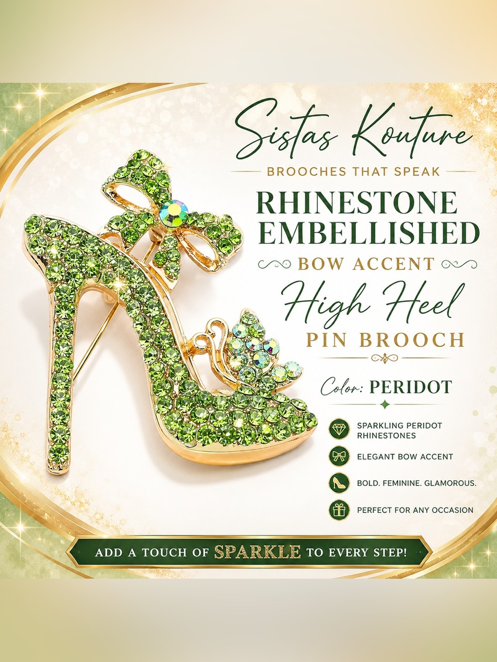 Peridot Rhinestone Embellished High Heel Pin Brooch